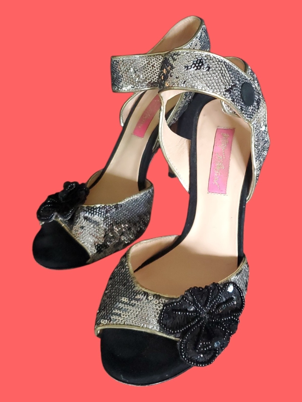 BETSY JOHNSON Metallic Sequin Ankle-Strap Heels with Beaded Flower Size 8M